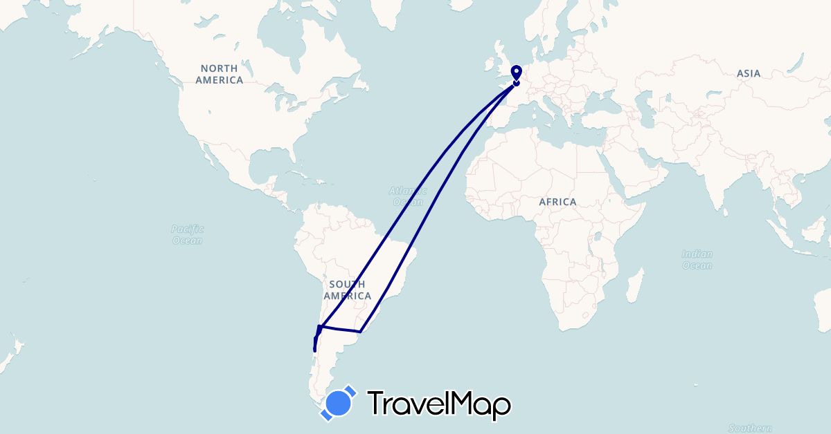 TravelMap itinerary: driving, plane in Argentina, Chile, France, Uruguay (Europe, South America)